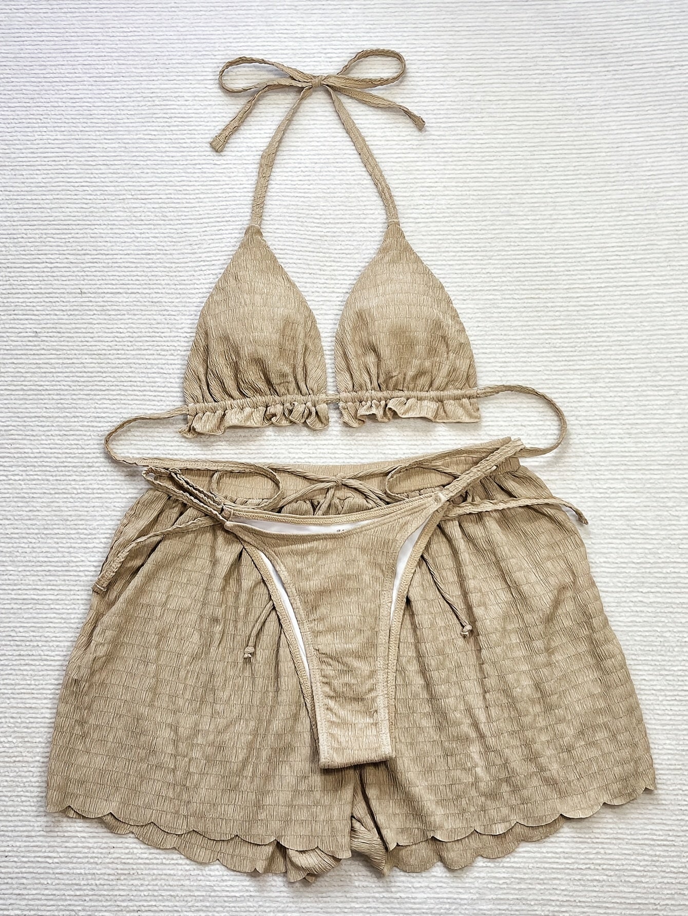 Elegant 3pcs Beige Bikini Set with Floral Embroidery, High-Waisted Bottoms & Ruffled Halter Top, Includes Sheer Cover-Up Shorts - Women's Swimwear